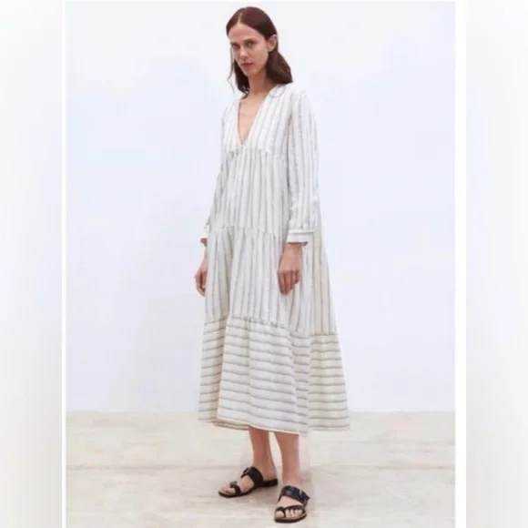 ZARA Striped White & Brown Tiered V Neck Midi Dress Linen Blend Size Medium - Picture 1 of 5